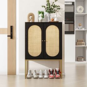2 Door High Cabinet,Natural Rattan 2 Door high cabinet, Built-in adjustable shelf, Easy Assembly, Free Standing Cabinet for Living Room Bedroom
