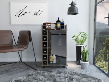 Vegas Bar Cart, Two Tier Cabinet With Glass Door, Six Cubbies For Liquor